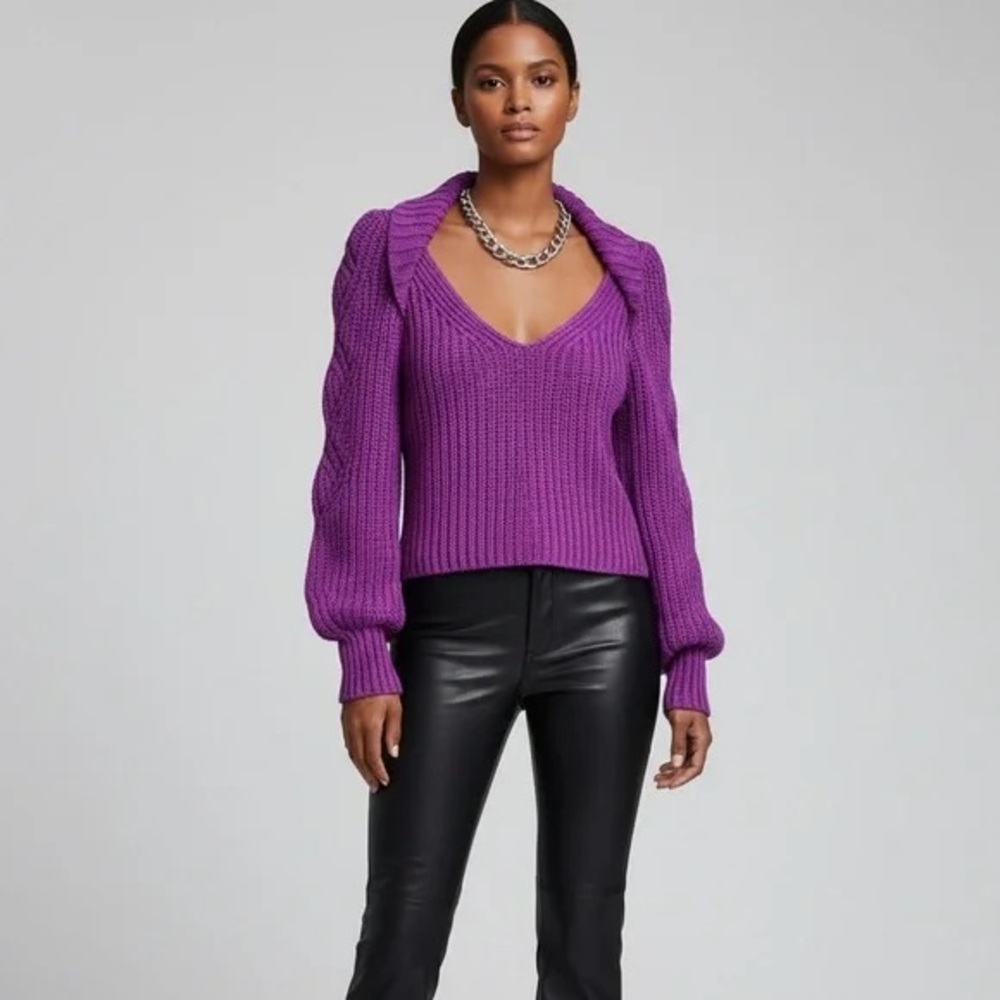 Express hot pink/magenta chunky knit shrug collar V-neck‎ sweater Size M NWT